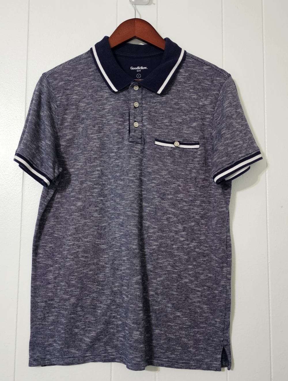 Goodfellow & Co Men's Heather Navy Polo Shirt Pocket Casual Cotton Blend